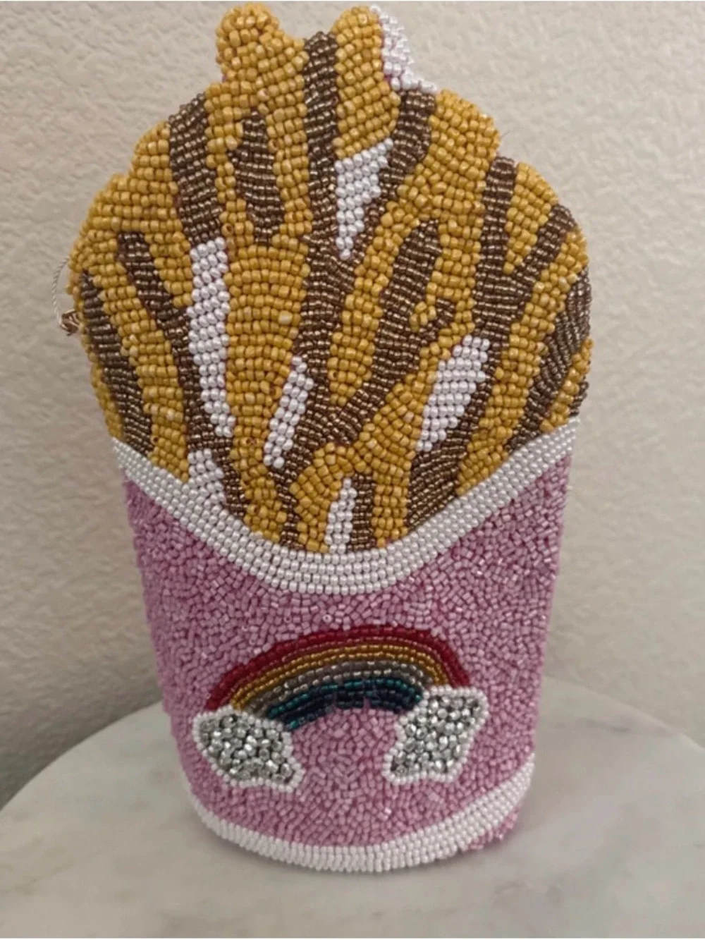 Hand-Beaded Pink Crossbody Bag with Rainbow & Fries Motif